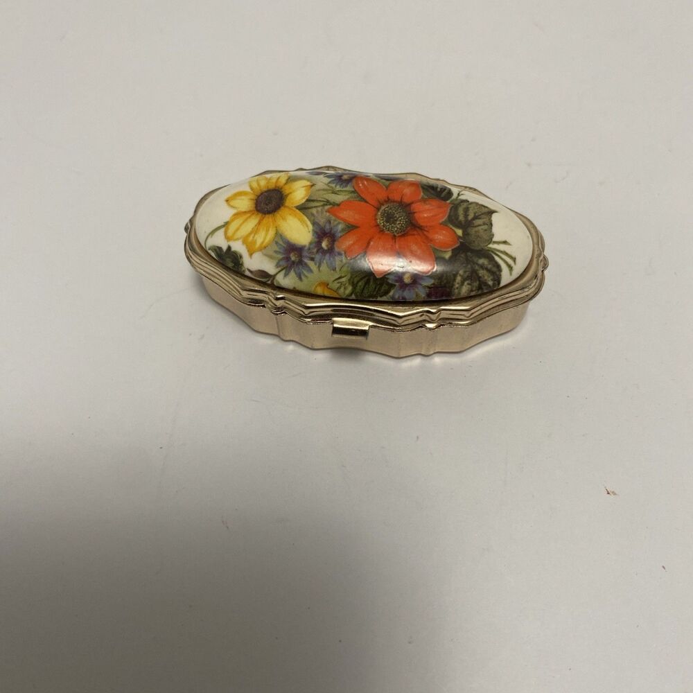 Vtg Lefton Gold Tone Oval Pill Box Porcelain Lid w/ Sun Flowers Portable Japan